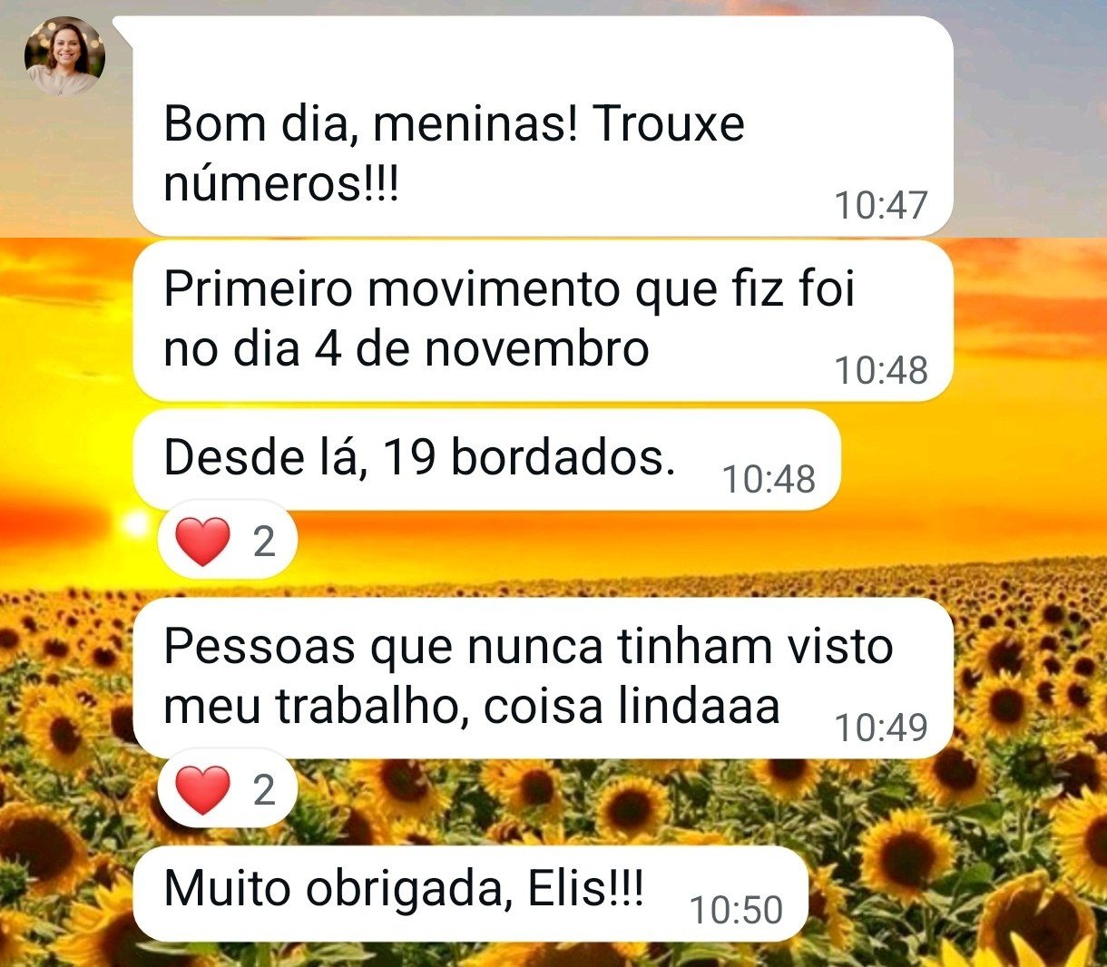 Mensagem da Julia sobre os bordados vendidos